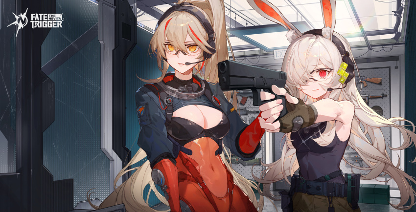 2girls, animal_ears, bare_shoulders, brown_hair, gun, highres, holding, holding_gun, holding_weapon, kira_(trigger_of_fate_the_novita), meme_attire, multiple_girls, open-chest_sweater, orange_eyes, ponytail, rabbit_ears, red_eyes, soarwynne_(trigger_of_fate_the_novita), sweater, trigger_of_fate_the_novita, weapon, white_hair