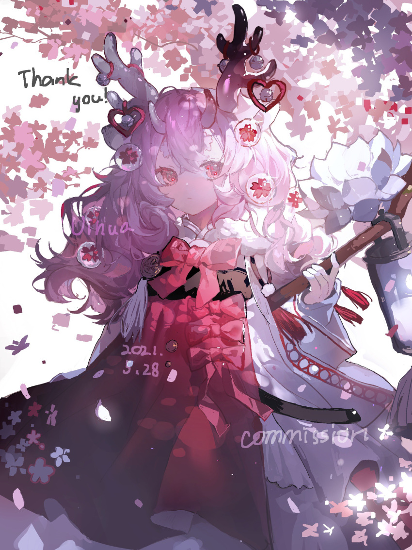 1girl, asymmetrical_horns, bell, black_horns, bow, chinese_clothes, chinese_commentary, closed_mouth