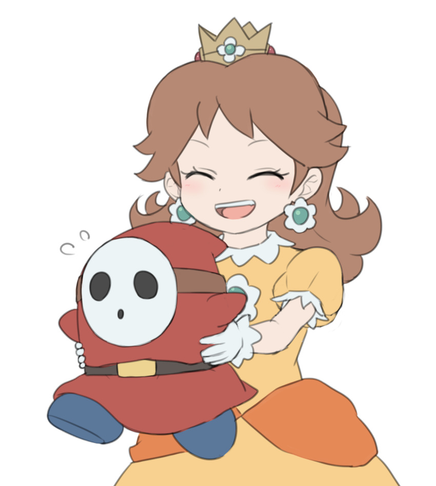 1boy, 1girl, belt, blue_footwear, blush, brown_hair, closed_eyes, crown
