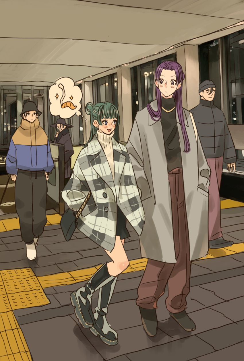 1girl, 4boys, black_hair, blush, boots, brown_hair, closed_eyes, coat