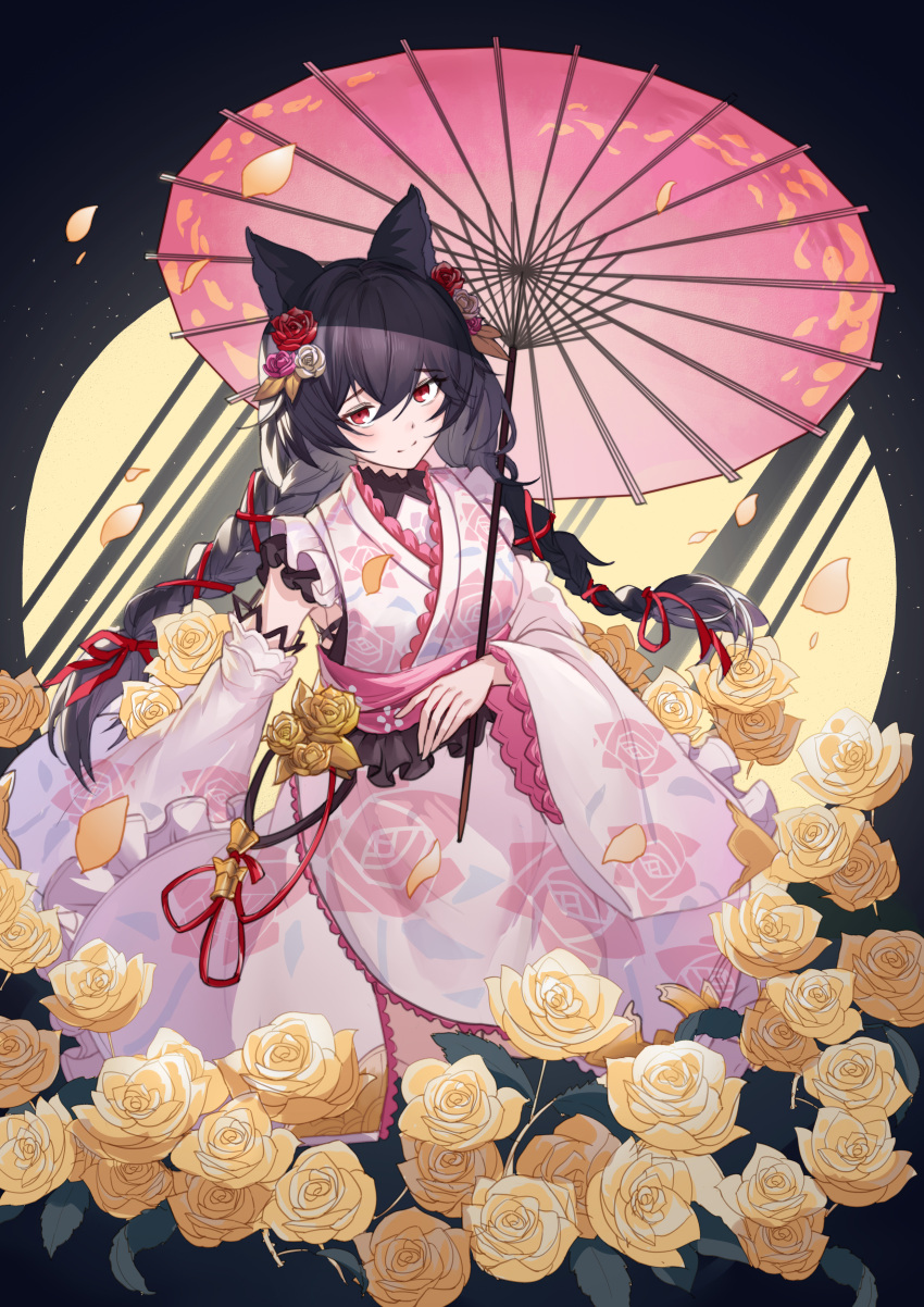 absurdres, animal_ear_piercing, bags_under_eyes, braid, erune, floral_print, floral_print_kimono, flower, granblue_fantasy, hair_flower, hair_ornament, highres, holding, holding_umbrella, japanese_clothes, kimono, nier_(granblue_fantasy), nier_(yukata)_(granblue_fantasy), obi, official_alternate_costume, parasol, pink_flower, pink_kimono, pink_rose, print_kimono, red_flower, red_rose, rose, sash, twin_braids, umbrella, unkobako, white_flower, white_rose, yellow_flower, yellow_rose, yukata