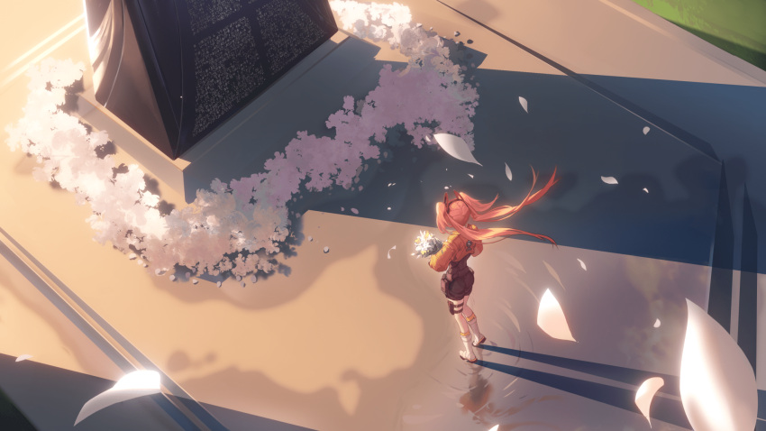 1girl, eos_(trigger_of_fate_the_novita), flower, highres, holding, holding_flower, petals, pink_hair