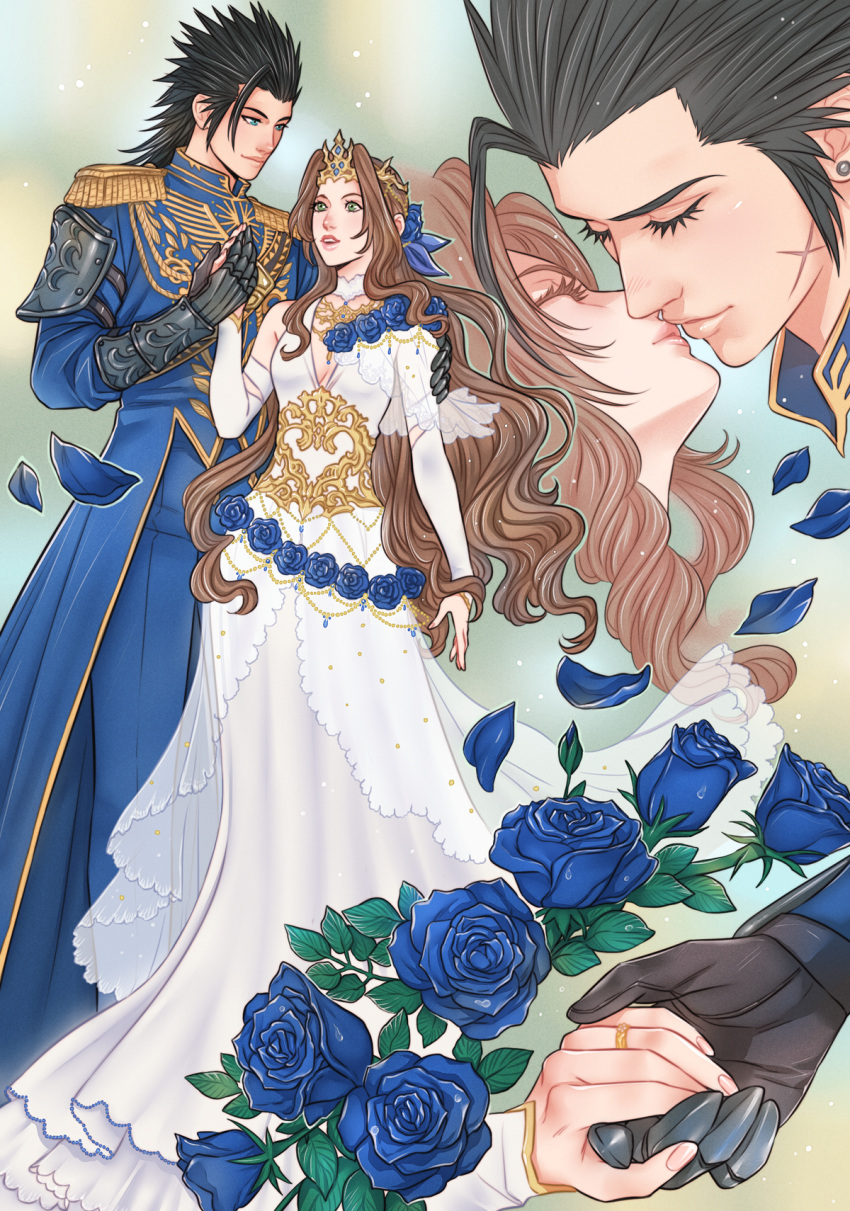 1boy, 1girl, aerith_gainsborough, aerith_gainsborough_(prism_dress), black_gloves, black_hair, blue_eyes, blue_flower