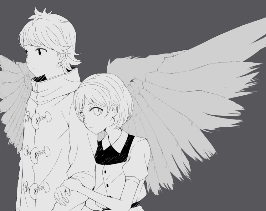 1boy, 1girl, arm_hug, aveline_narusawa_tesla, closed_mouth, coat, commentary_request, feathered_wings