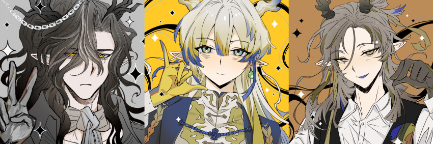 1girl, 2boys, absurdres, arknights, black_hair, black_jacket, black_vest, blonde_hair