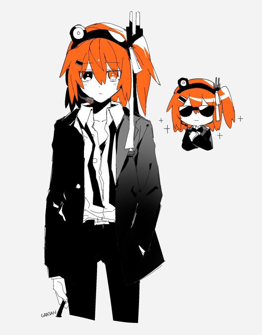 1girl, a.i._voice, adachi_rei, black_bow, black_bowtie, black_eyes, black_pants, black_suit