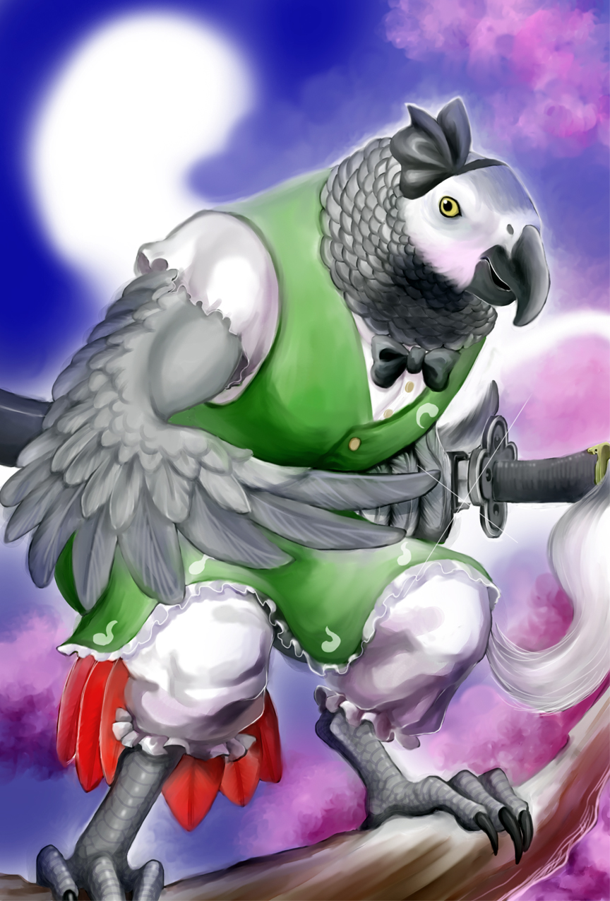 1girl, african_grey_parrot, bird, bird_legs, bird_wings, bow, bowtie, dress