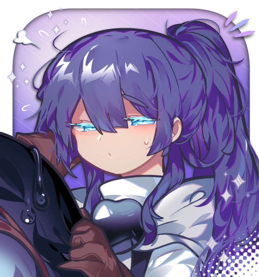1boy, alternate_hairstyle, arm_behind_head, black_hat, blue_eyes, border, brown_gloves, closed_mouth