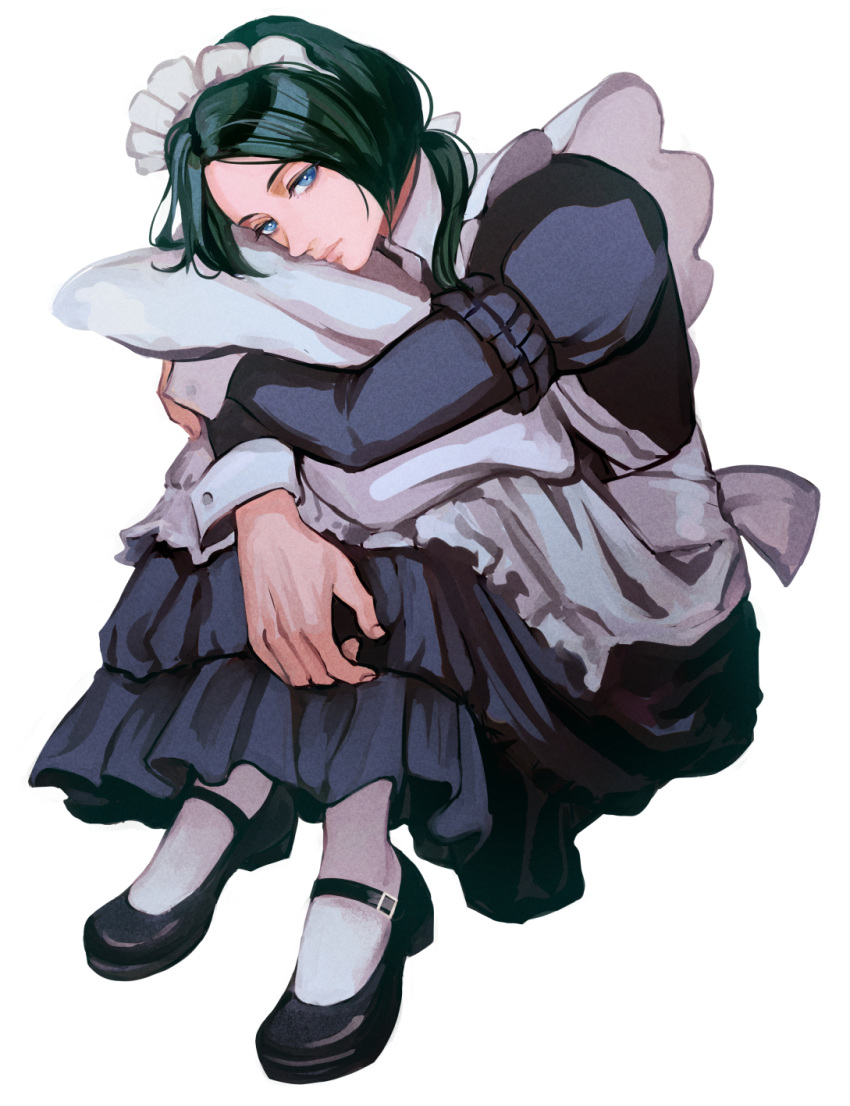 1boy, apron, back_bow, black_footwear, blue_eyes, bow, closed_mouth, collared_dress, commentary, crossdressing, crossed_arms, curled_fingers, dress, fire_emblem, fire_emblem:_three_houses, frilled_dress, frilled_sleeves, frills, green_hair, highres, hugging_object, knees_up, linhardt_von_hevring, long_sleeves, low_ponytail, maid, maid_apron, maid_headdress, male_focus, mary_janes, pillow, pillow_hug, ponytail, shoes, simple_background, sitting, sleeve_cuffs, socks, solo, symbol-only_commentary, wh1tecookie, white_background, white_bow, white_socks