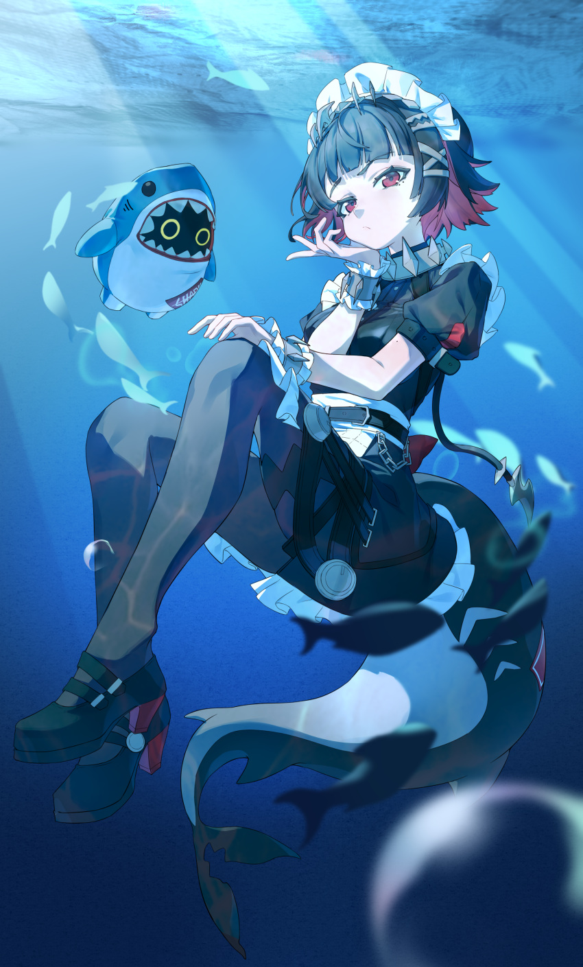 1girl, absurdres, bangboo_(zenless_zone_zero), black_hair, black_pantyhose, breasts, colored_inner_hair, ellen_joe, fins, fish_tail, hair_ornament, highres, looking_at_viewer, maid, maid_headdress, metal_hairband, mole, mole_on_arm, mole_under_eye, multicolored_hair, pantyhose, red_eyes, red_nails, redhead, scar, scar_on_tail, shalou, shark_girl, shark_tail, sharkboo_(zenless_zone_zero), short_hair, solo, spiked_headband, tail, two-tone_hair, underwater, zenless_zone_zero