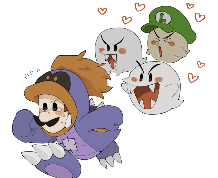 1boy, alternate_costume, boo_(mario), brown_hair, chibi, costume, facial_hair, hat, heart, highres, luigi, mimimi_(mimimim9999), mustache, paper_mario, paper_mario_64, running, shell, spiked_shell, super_mario_bros., tubba's_heart, tubba_blubba