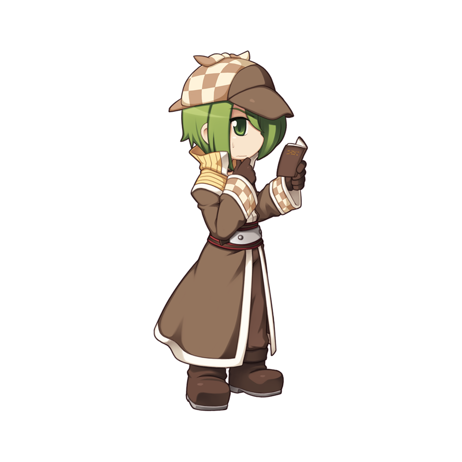 1boy, atail_ream, brown_coat, brown_gloves, chibi, chibi_only, closed_mouth, coat, deerstalker, full_body, gloves, green_eyes, green_hair, hair_between_eyes, hair_over_one_eye, hand_on_own_chin, hat, holding, holding_notebook, long_bangs, long_sleeves, looking_at_viewer, male_focus, notebook, official_art, ragnarok_online, short_hair, simple_background, solo, standing, transparent_background, yuichirou