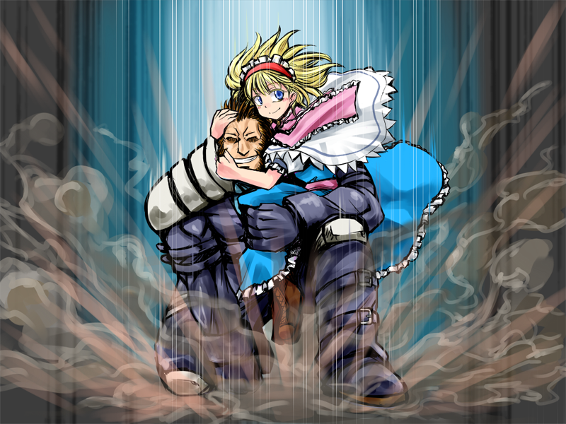 1girl, alice_margatroid, beard, blonde_hair, blue_eyes, boots, brown_hair, carrying, couple, crossover, dust, facial_hair, grin, hairband, height_difference, inusurvivor, king_of_fighters, m.u.g.e.n, maxima, mugen_(game), smile, snk, touhou