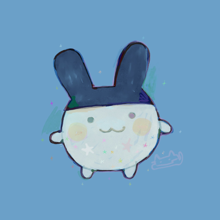:3, animal_ears, animal_focus, blue_background, blush_stickers, commentary, creature, english_commentary, highres, kittycouch, looking_at_viewer, mimitchi, no_humans, rabbit_ears, simple_background, sketch, smile, solid_circle_eyes, solo, sparkle, standing, tamagotchi