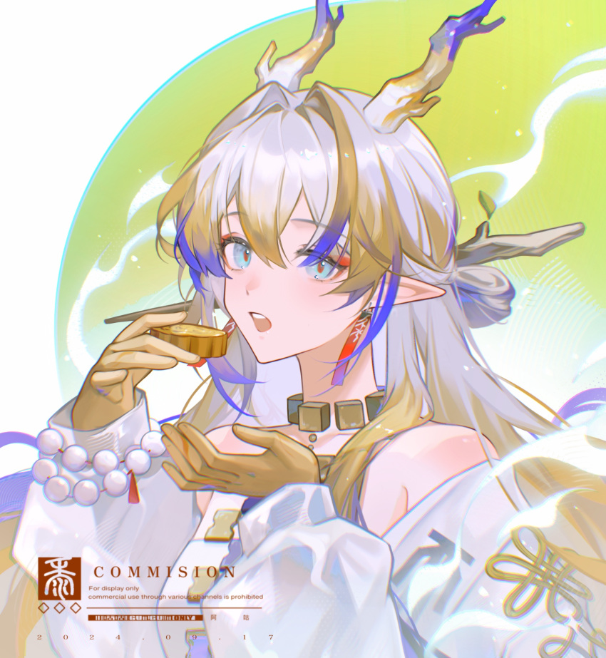 1girl, arknights, bare_shoulders, beads, blonde_hair, blue_eyes, chinese_commentary, colored_extremities