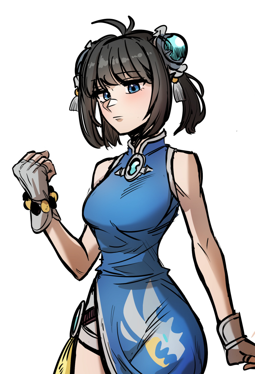 1girl, :|, ahoge, alternate_costume, alternate_hairstyle, antenna_hair, bare_shoulders, black_hair