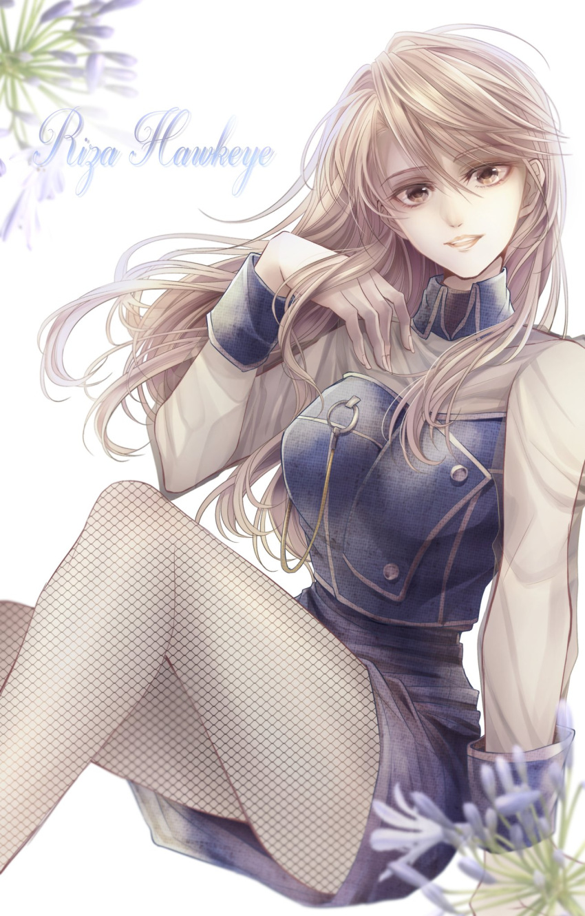 1girl, blonde_hair, buttons, collared_shirt, commentary_request, feet_out_of_frame, fishnet_pantyhose, fishnets
