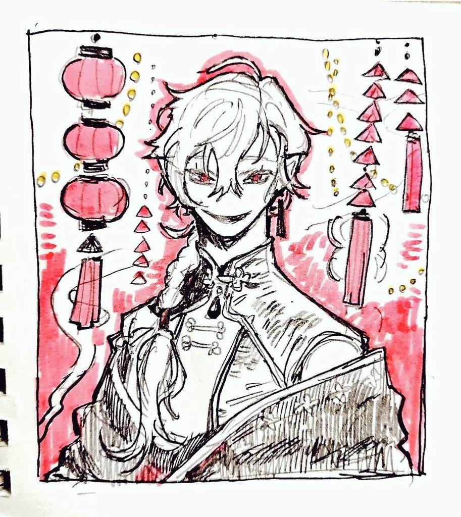 1boy, braid, chinese_clothes, hair_over_shoulder, kuzuha_(15th_costume)_(nijisanji), kuzuha_(nijisanji), lantern, long_hair