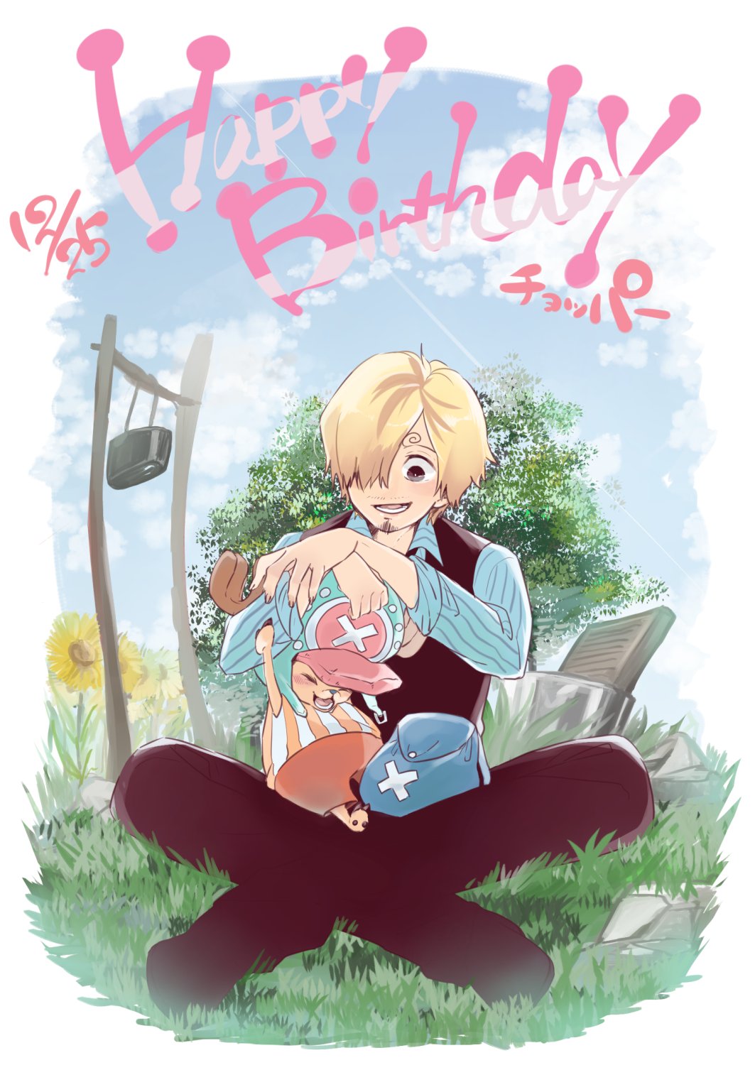 2boys, bag, black_vest, blonde_hair, blue_hood, blue_shirt, closed_eyes, clouds
