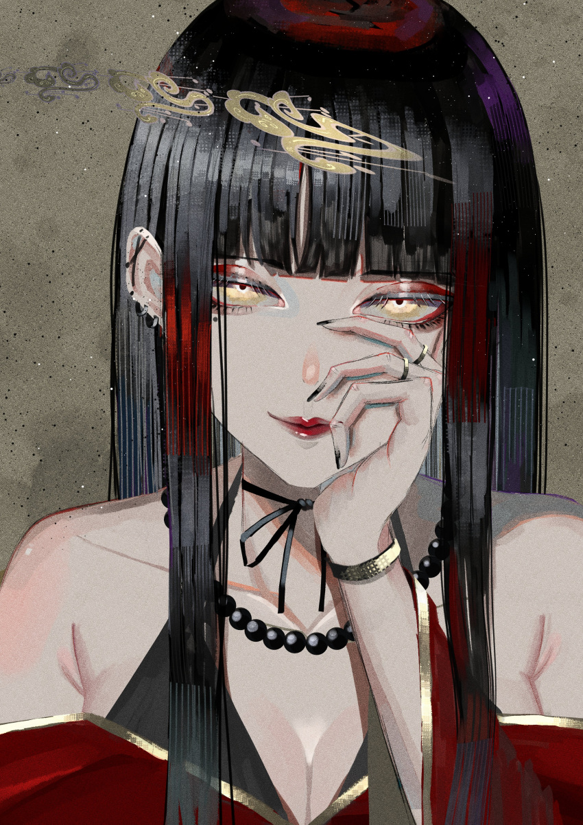 1girl, absurdres, black_hair, breasts, hairstyle_request, highres, jewelry, lipstick, long_hair, looking_at_viewer, makeup, multiple_rings, neck_ring, original, ring, simple_background, smile, solo, syakemayusan, upper_body, yellow_eyes