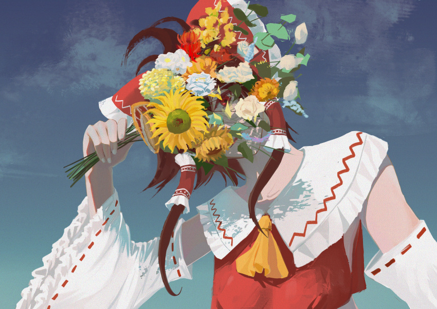 1girl, absurdres, ascot, bouquet, bow, brown_hair, covered_face, detached_sleeves