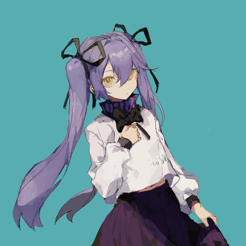 1girl, aqua_background, black_bow, black_bowtie, black_ribbon, bow, bowtie, closed_mouth