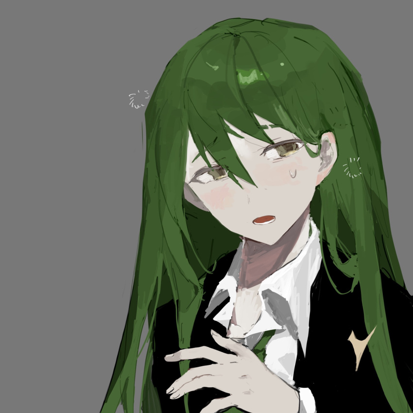 1boy, black_jacket, chinese_commentary, collared_shirt, commentary_request, eyebrow_cut, green_hair, grey_background