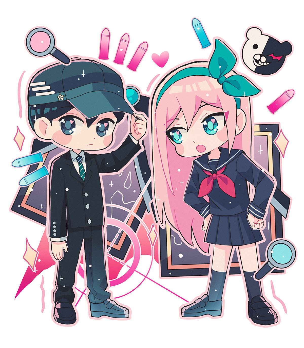 1boy, 1girl, adjusting_clothes, adjusting_headwear, akamatsu_kaede, akamatsu_kaede_(cosplay), aqua_eyes, aqua_hairband