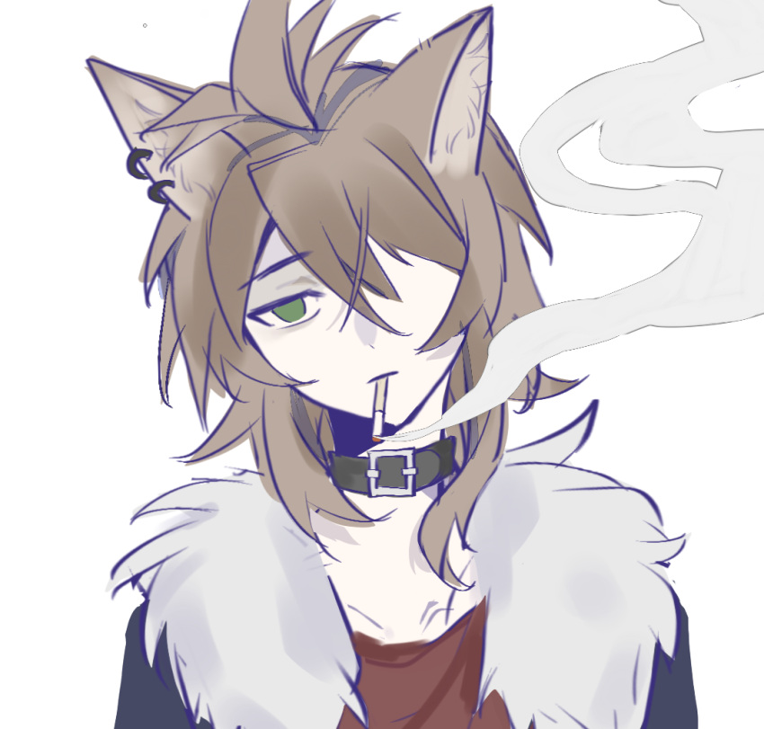 1boy, animal_ear_piercing, animal_ears, black_collar, black_jacket, chinese_commentary, cigarette, collar