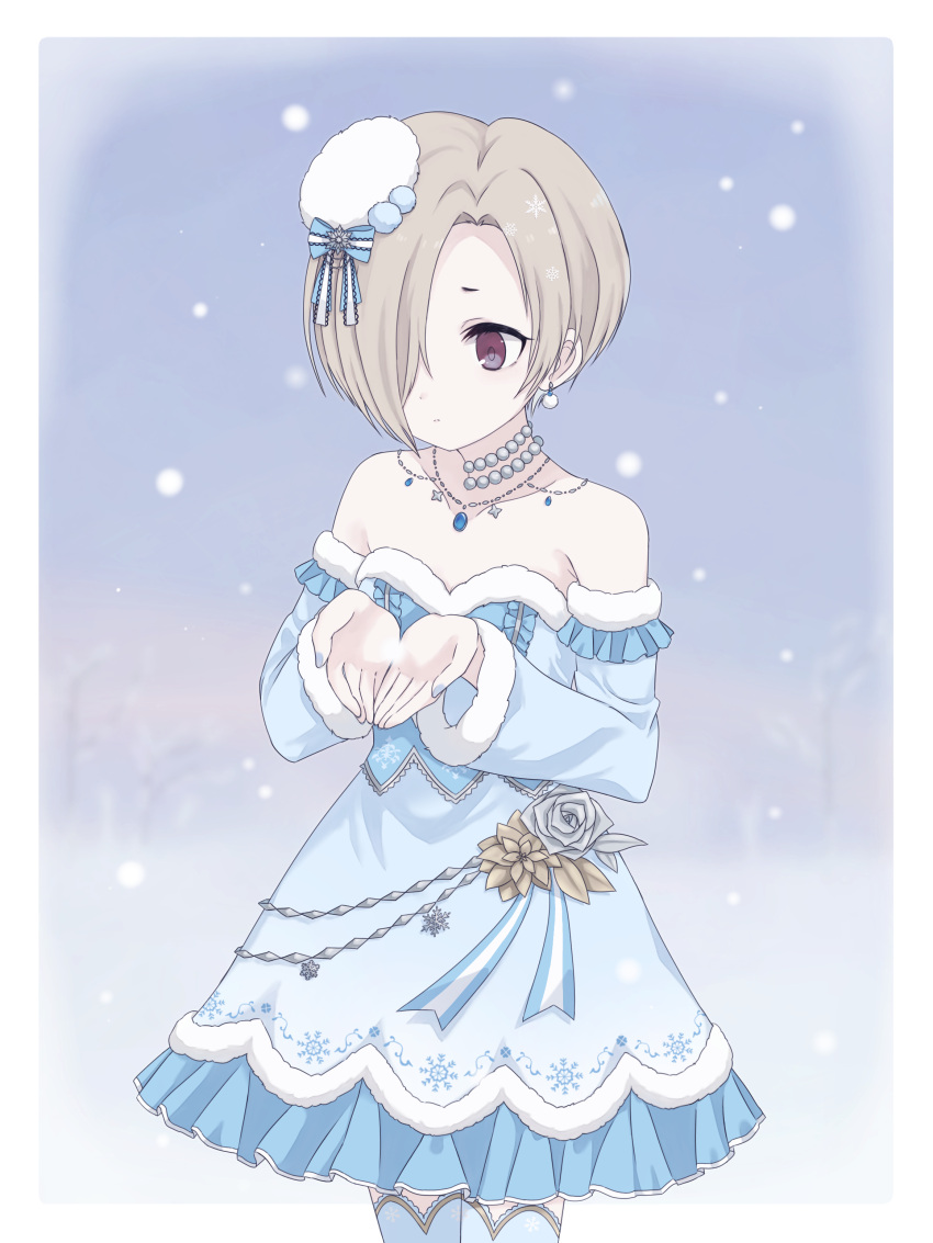 1girl, absurdres, alternate_costume, bead_necklace, beads, blonde_hair, blue_dress, blue_nails