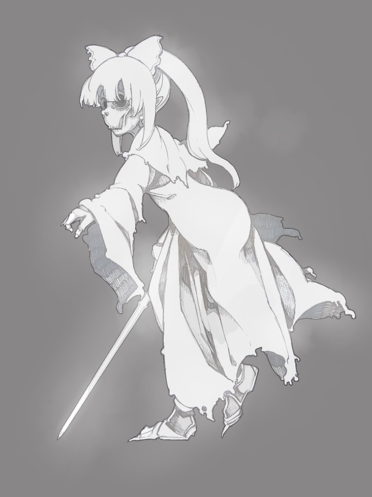 1girl, bolos, bow, capelet, commentary, eye_socket, fog, full_body