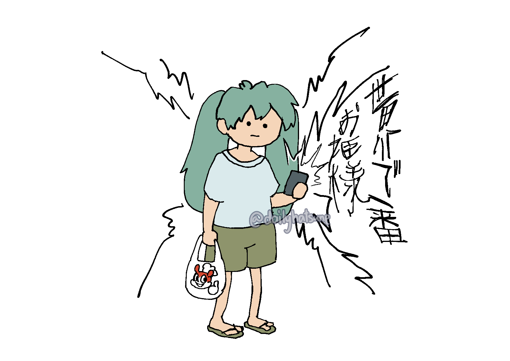 1girl, bag, commentary, english_commentary, flip-flops, hatsune_miku, highres, holding