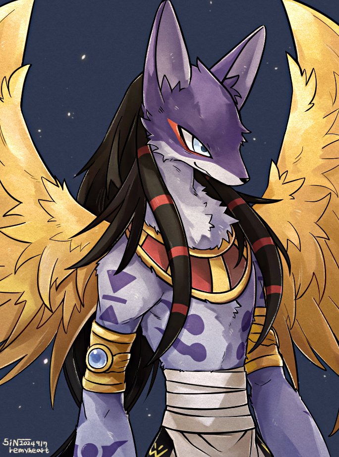 anubimon, artist_name, black_hair, blue_background, blue_fur, body_fur, digimon, digimon_(creature)