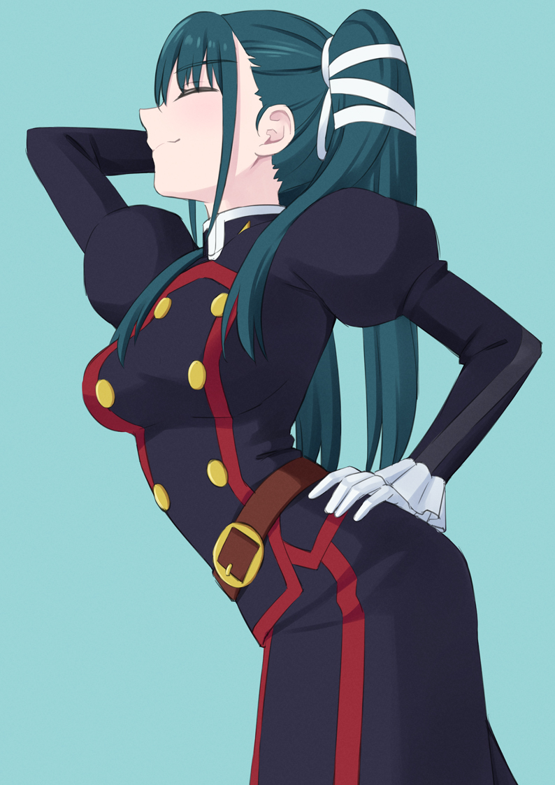1girl, anti-demon_corps_uniform, aqua_background, arm_up, azuma_yachiho, belt, blue_jacket, blue_skirt