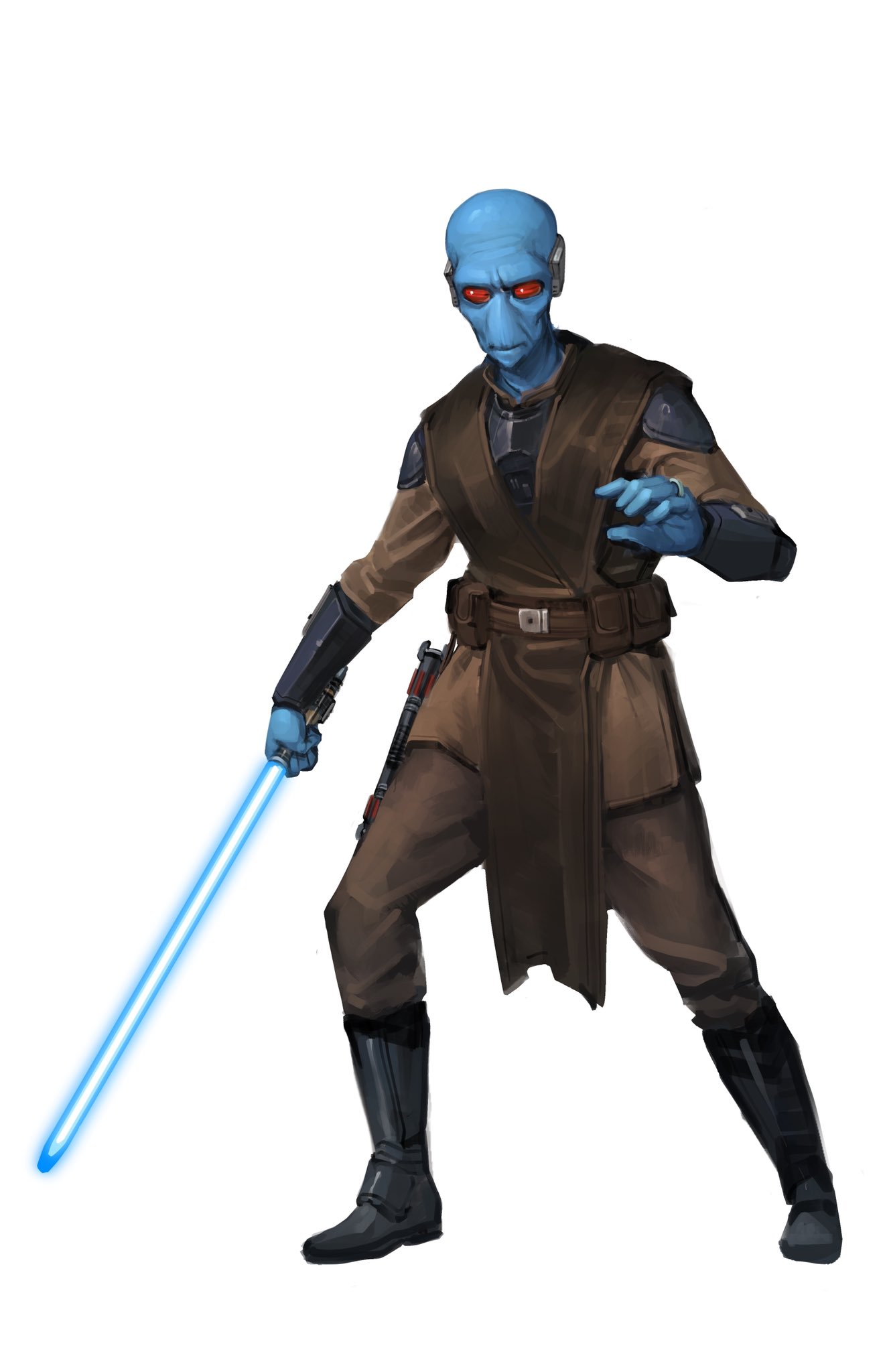 1boy, alien, bald, belt, belt_pouch, black_footwear, blue_lightsaber, boots