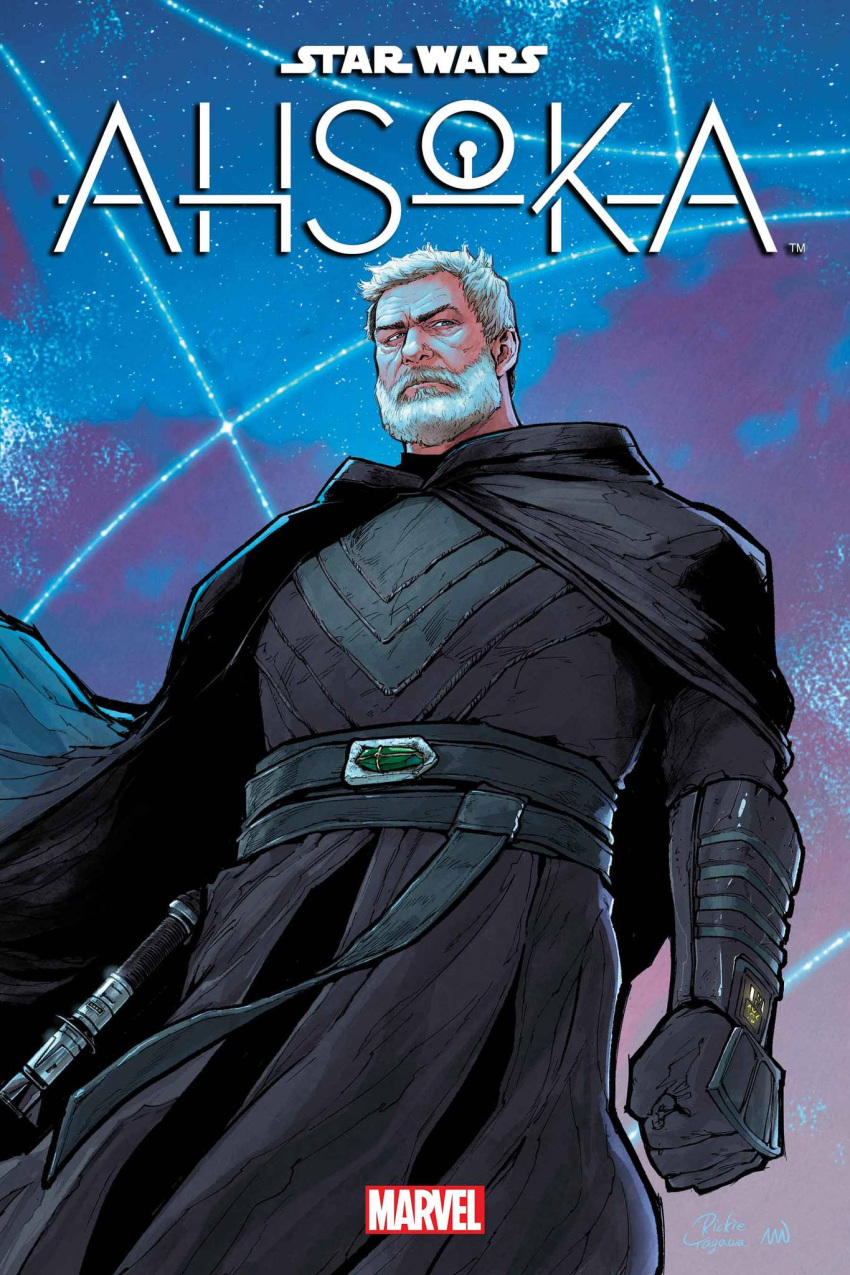 1boy, artist_collaboration, baylan_skoll, beard, belt, black_belt, black_cloak, black_gloves, black_tunic, cloak, copyright_name, energy_sword, english_text, facial_hair, gloves, highres, lightsaber, logo, nolan_woodard, rickie_yagawa, short_hair, signature, solo, star_wars, star_wars:_ahsoka, sword, tunic, weapon, white_hair