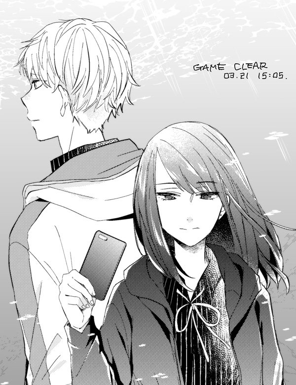 1boy, 1girl, cellphone, commentary_request, expressionless, greyscale, holding, holding_phone, hood, hood_down, hoodie, medium_hair, monochrome, nonomura_saku, original, phone, smartphone