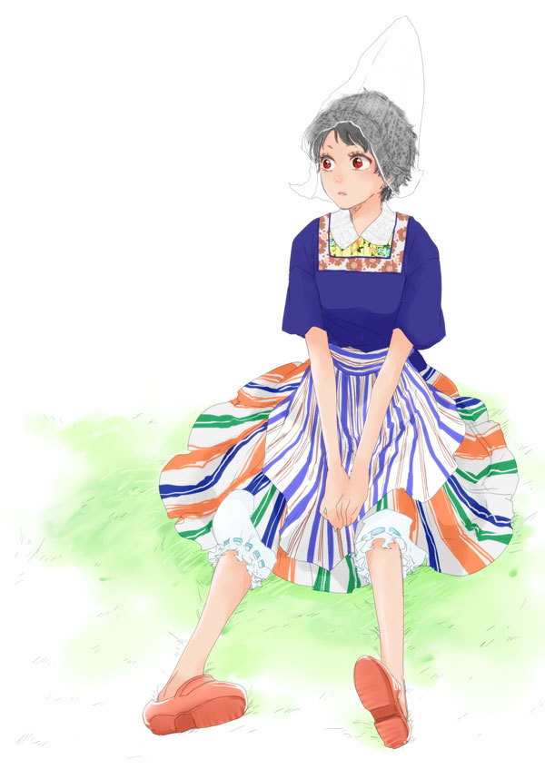 1girl, black_hair, bloomers, blue_shirt, full_body, grass, hat, long_skirt