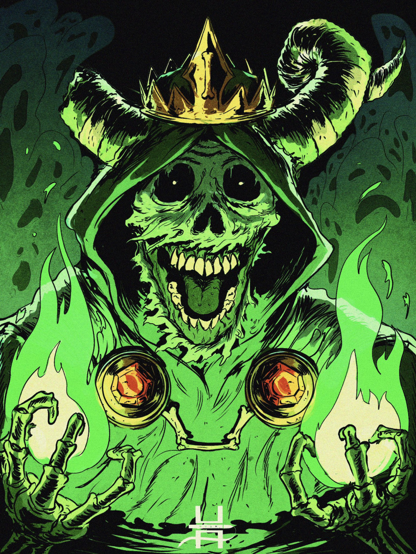 1boy, adventure_time, artist_logo, black_background, bone, bright_pupils, broken_horn, curled_horns