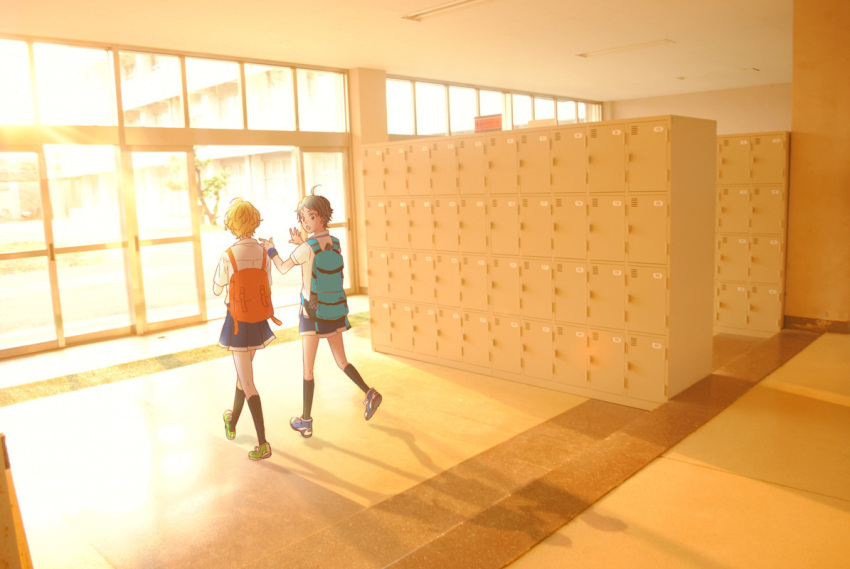 2girls, ahoge, backpack, bag, black_hair, black_socks, blonde_hair, door