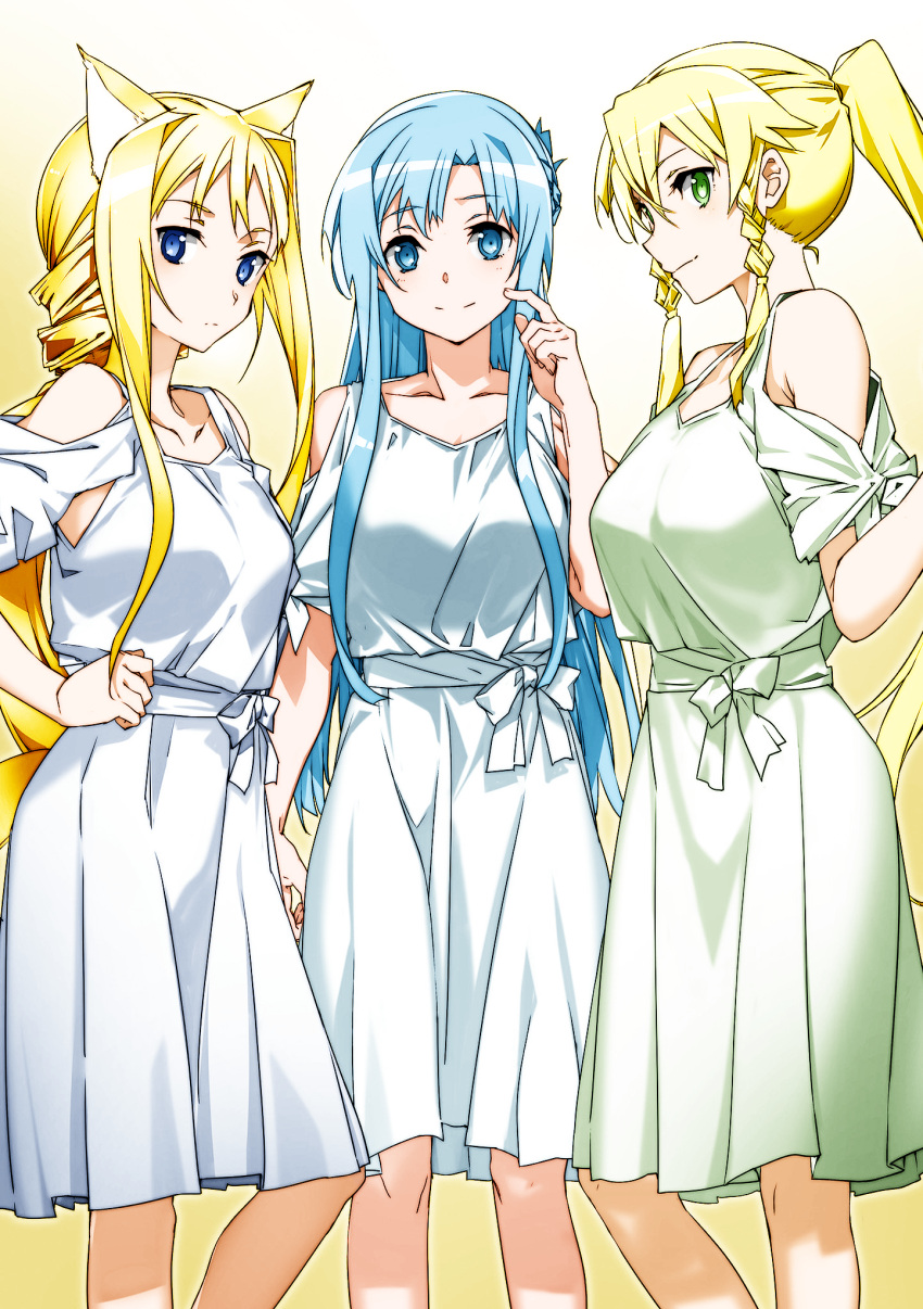 alice_zuberg, animal_ears, asuna_(sao), asuna_(sao-alo), blonde_hair, blue_eyes, blue_hair, breasts, cat_ears, dress, elf, green_dress, green_eyes, highres, kirigaya_suguha, leafa_(sao), long_hair, medium_breasts, non-web_source, official_art, pointy_ears, sword_art_online, white_dress