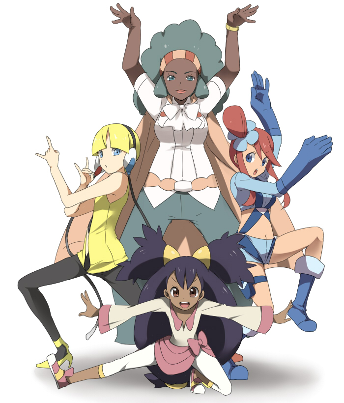 4girls, aloe_(pokemon), bad_id, blonde_hair, dark_skin, fuuro_(pokemon), gym_leader, iris_(pokemon)
