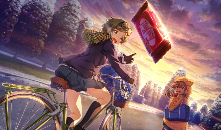 2girls, :d, animal_hood, bag, bicycle, black-framed_eyewear, black_footwear, black_gloves