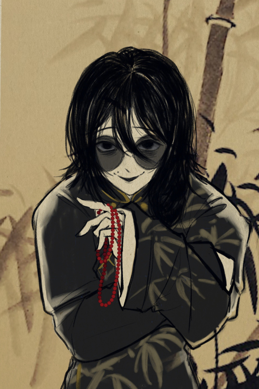 1boy, beads, black_hair, black_jacket, chinese_commentary, colored_skin, commentary_request, hair_between_eyes, highres, jacket, kinkypale, long_sleeves, looking_at_viewer, lu_mi, male_focus, medium_hair, open_mouth, paper_texture, round_eyewear, smile, solo, sunglasses, touqi_guaitan, white_skin, wide_sleeves