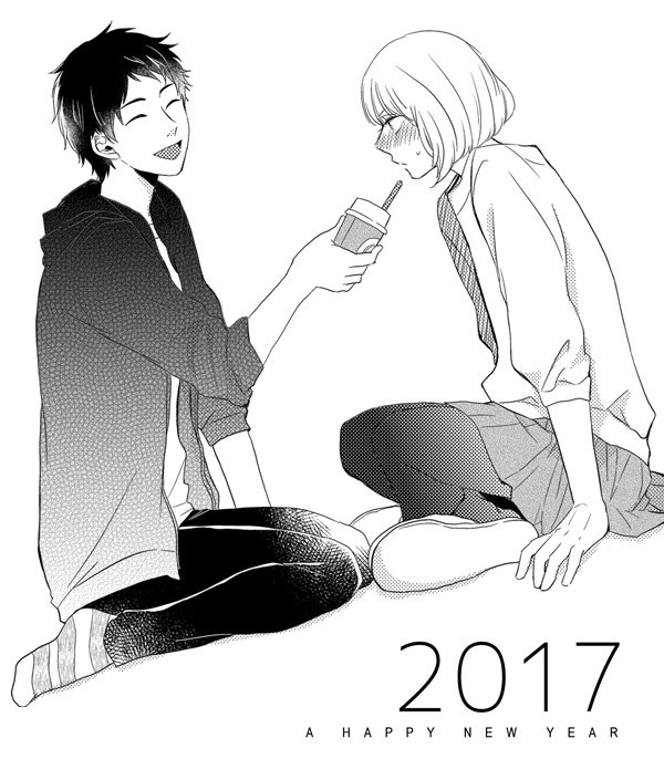 1boy, 1girl, 2017, blush, closed_eyes, commentary_request, cup, disposable_cup, greyscale, happy_new_year, holding, holding_cup, hood, hoodie, indian_style, kuji_akira, monochrome, ninomiya_makoto_(otonari_complex), nonomura_saku, open_mouth, otoko_no_ko, otonari_complex, pantyhose, pleated_skirt, reverse_trap, short_hair, sitting, skirt, slippers, smile, socks, striped_clothes, striped_socks, sweatdrop, wariza