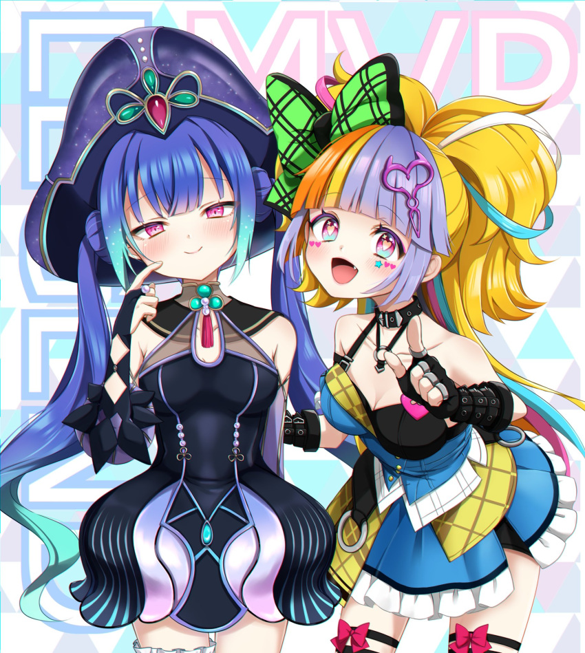 2girls, black_dress, blonde_hair, blue_hair, bow, bridal_gauntlets, choker, dress
