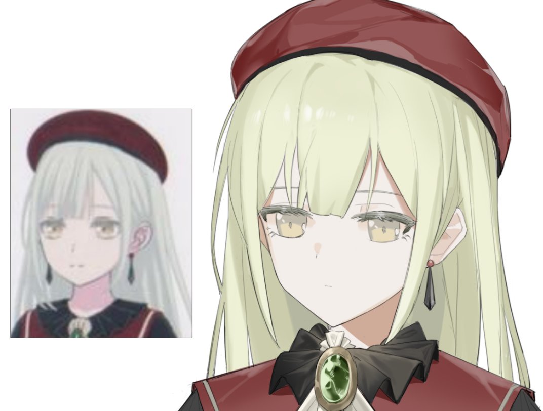 1girl, anli_(jwcpp4sum0mgk5r), bang_dream!, bang_dream!_it's_mygo!!!!!, beret, chinese_commentary, closed_mouth, commentary_request, earrings, green_brooch, green_hair, hat, jewelry, long_hair, portrait, red_hat, reference_inset, sidelocks, simple_background, solo, wakaba_mutsumi, white_background, yellow_eyes