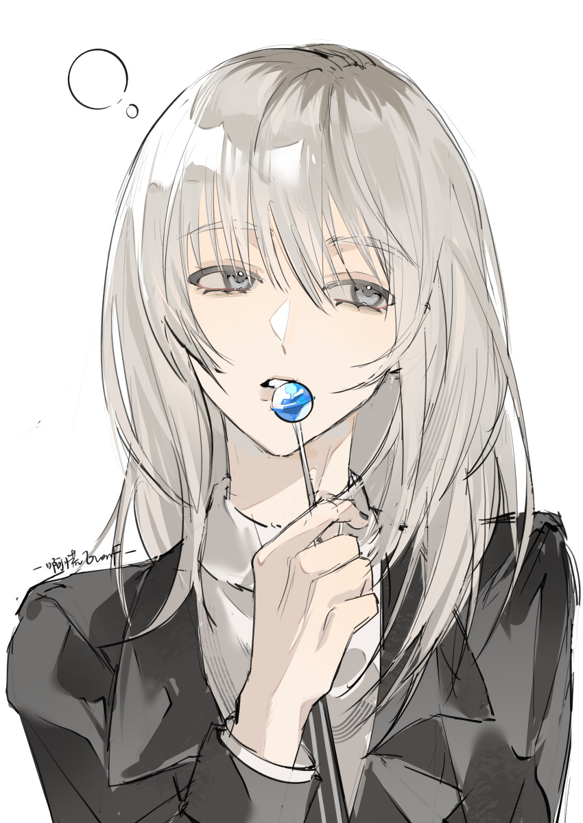 1girl, absurdres, artist_name, black_jacket, black_nails, black_necktie, candy, commentary