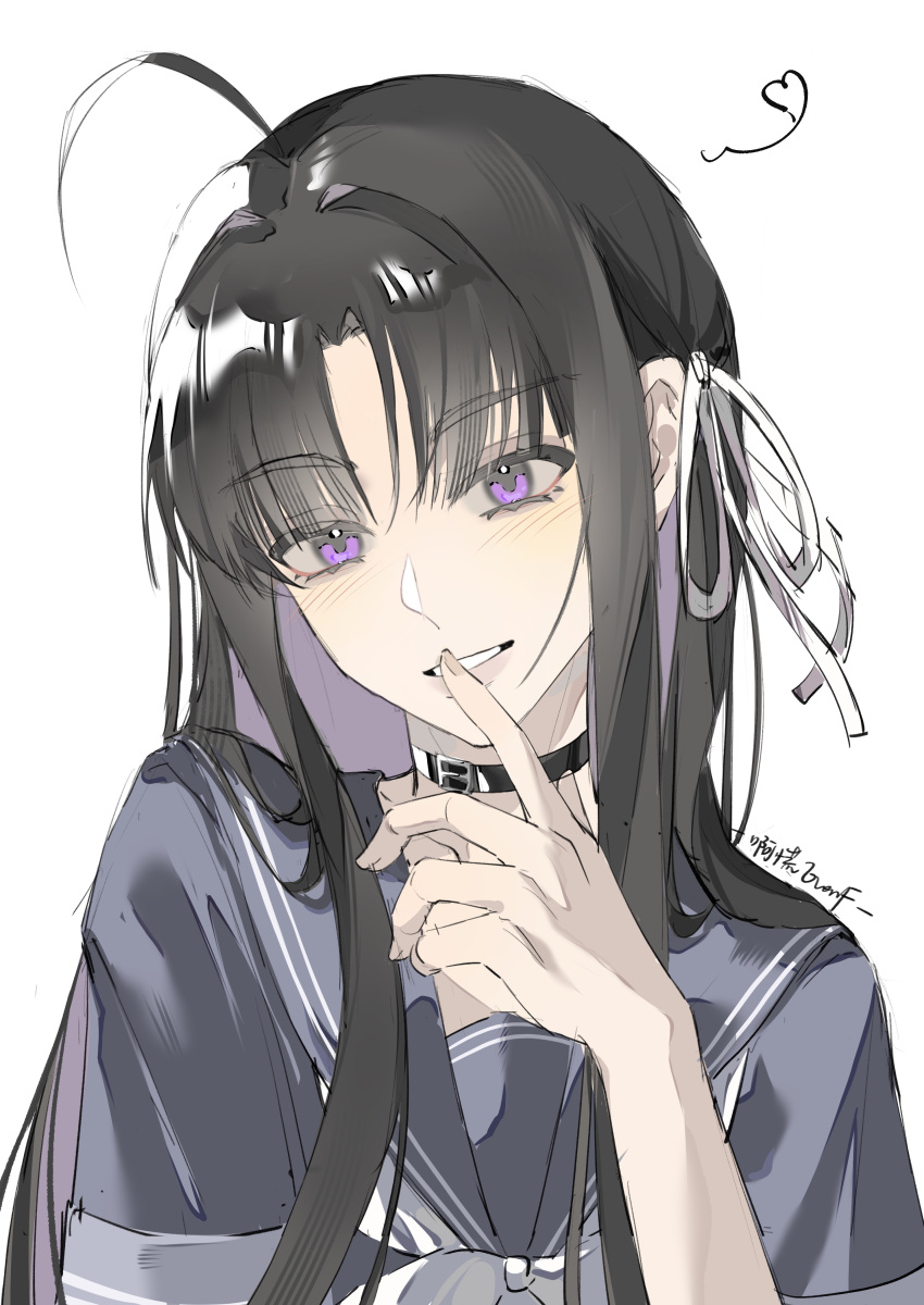 1girl, absurdres, ahoge, artist_name, awa_subaru, black_hair, black_shirt, black_skirt