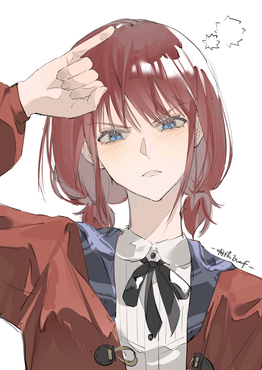 1girl, absurdres, black_ribbon, blue_eyes, blush, closed_mouth, collared_shirt, commentary